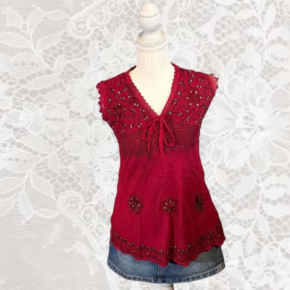 Vintage Y2K Crimson Red Smocked Babydoll Tank Top with Sequin Embroidery